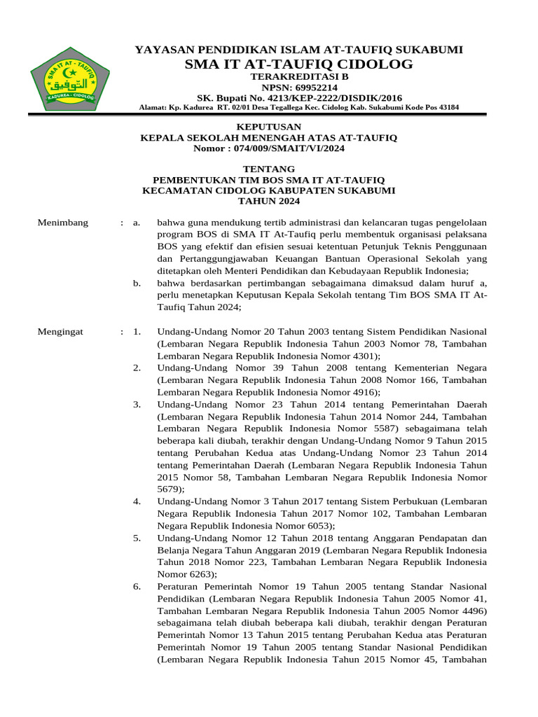 Pembentukan Tim BOS SMA IT At-Taufiq 2024 | PDF