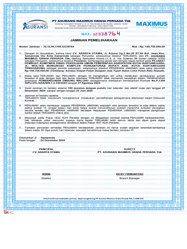 Jaminan Pemeliharaan Proyek Rp.148 Juta | PDF