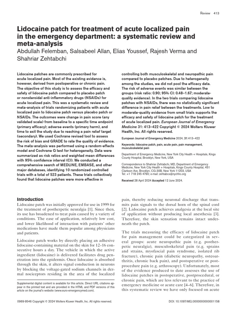 Felemban - Lidocaine Patch For Treatment of Acute Localized Pain in The ...
