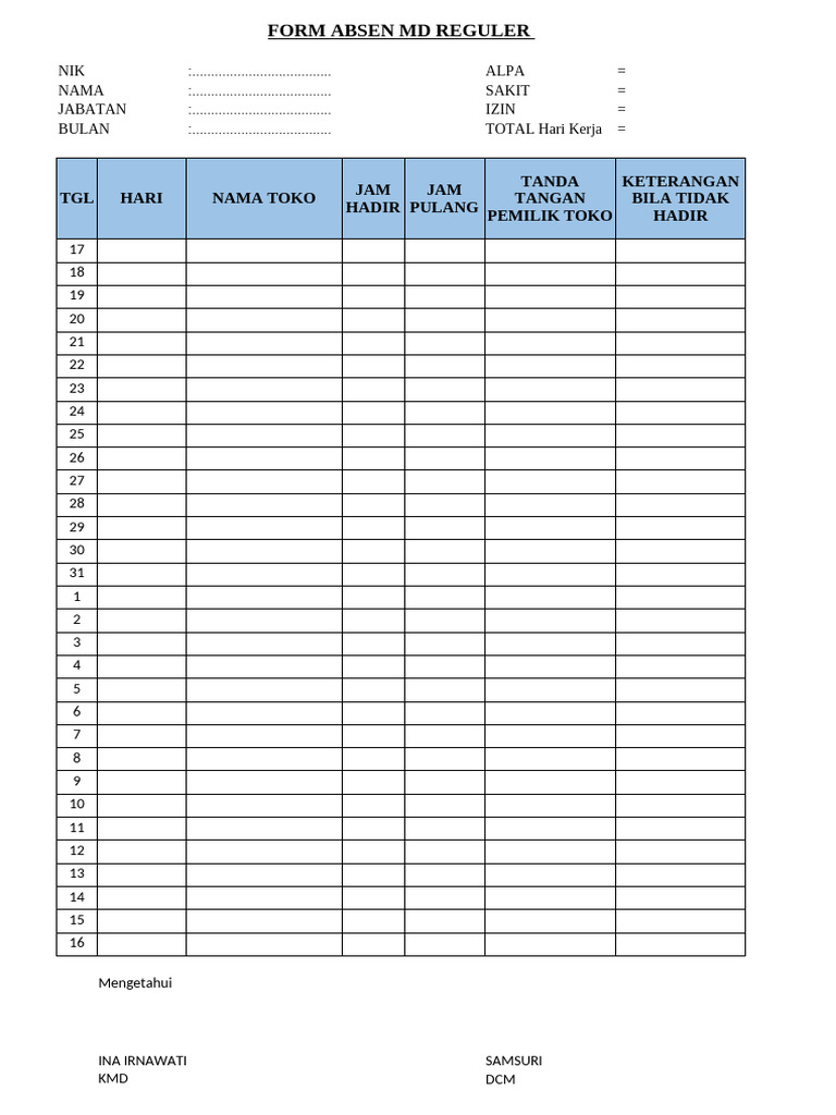 Form Absen MD Reguler Karyawan | PDF