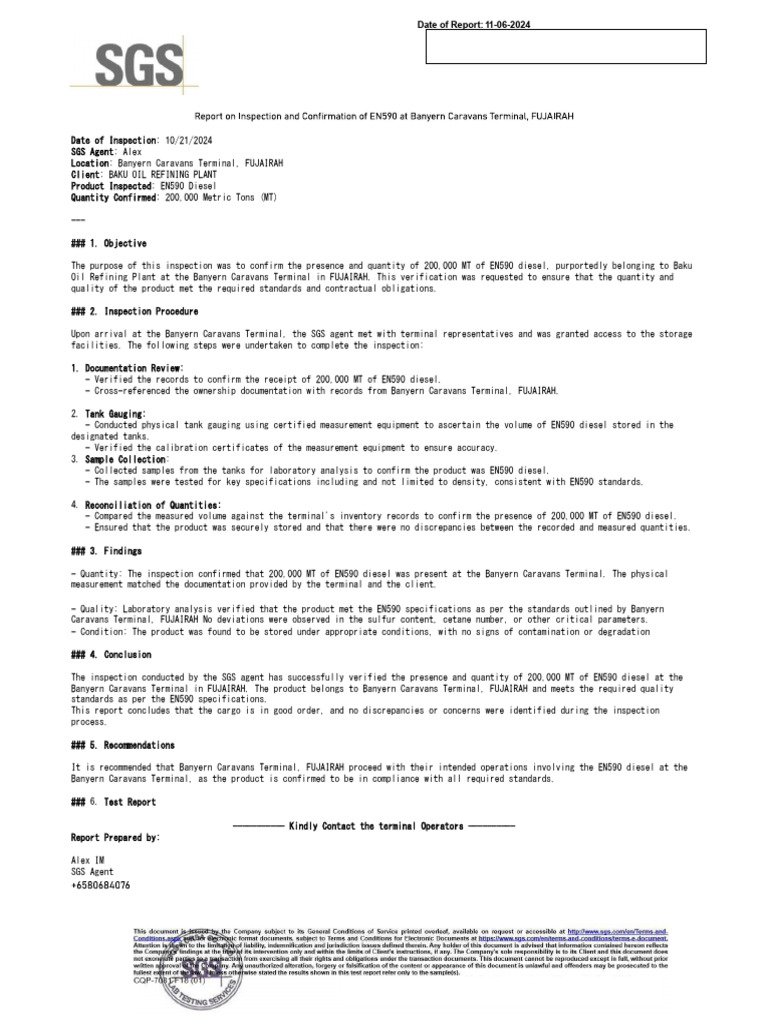 EN590 Diesel Inspection Report - Fujairah | PDF | Calibration | Diesel Fuel
