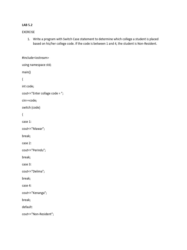 Switch Case Program for College Codes | PDF