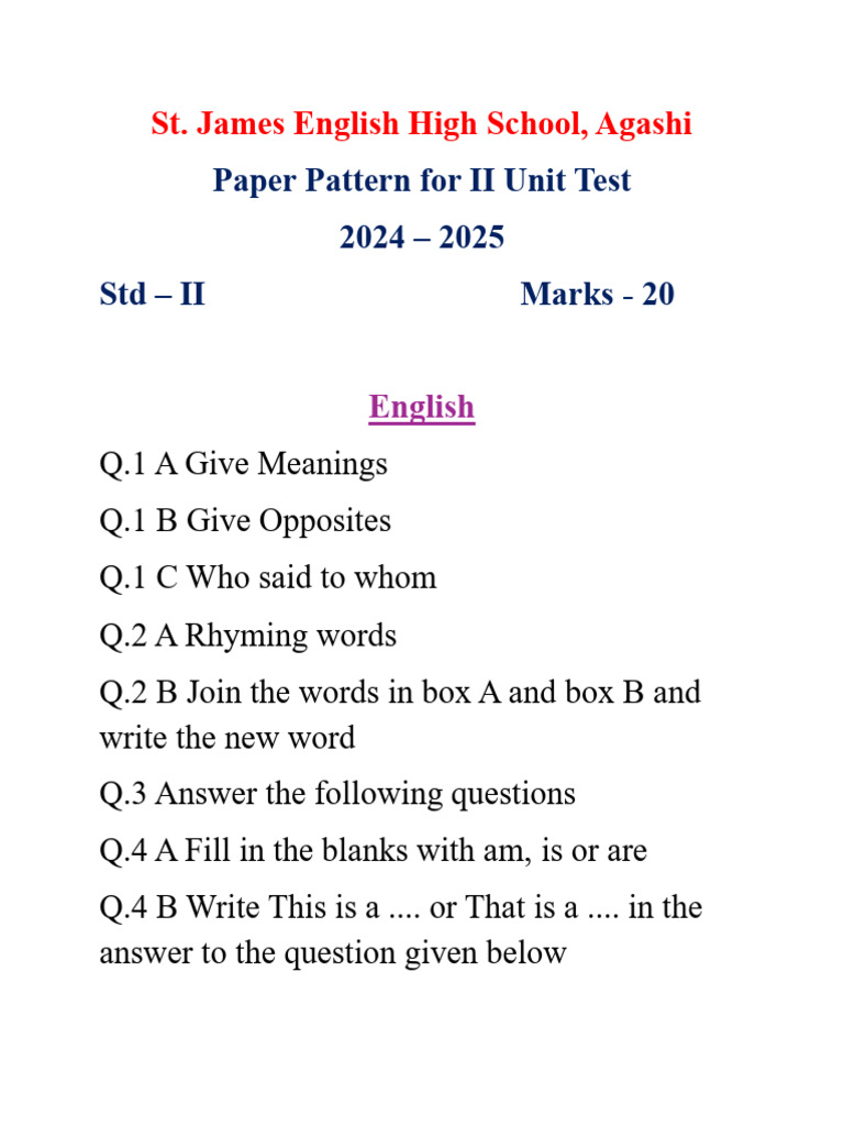 St. James Std II Unit Test Paper 2024-25 | PDF