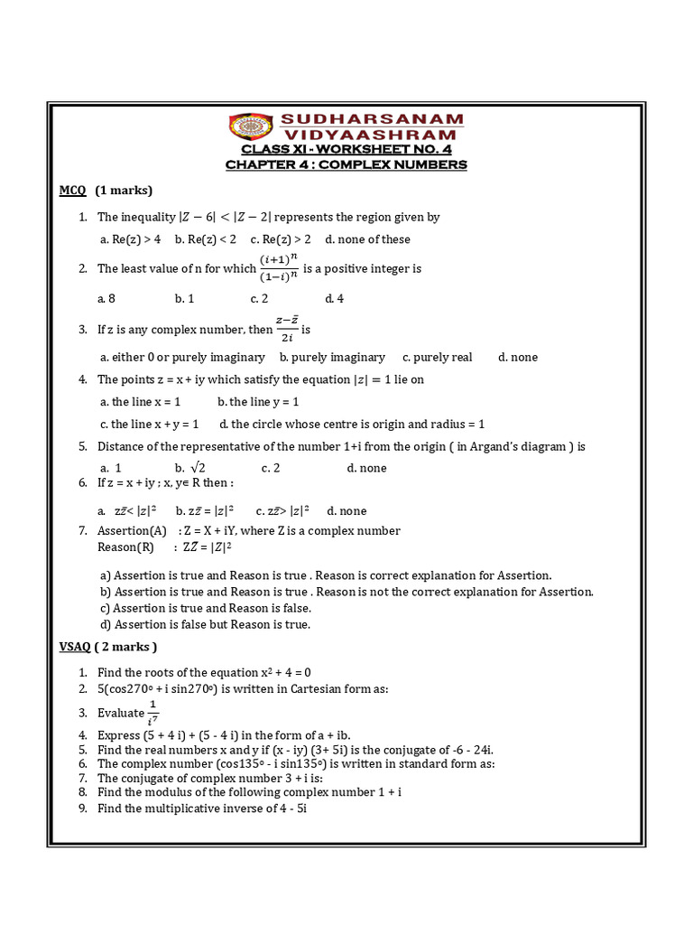 Class 11 Complex Numbers Worksheet | PDF | Complex Number | Numbers