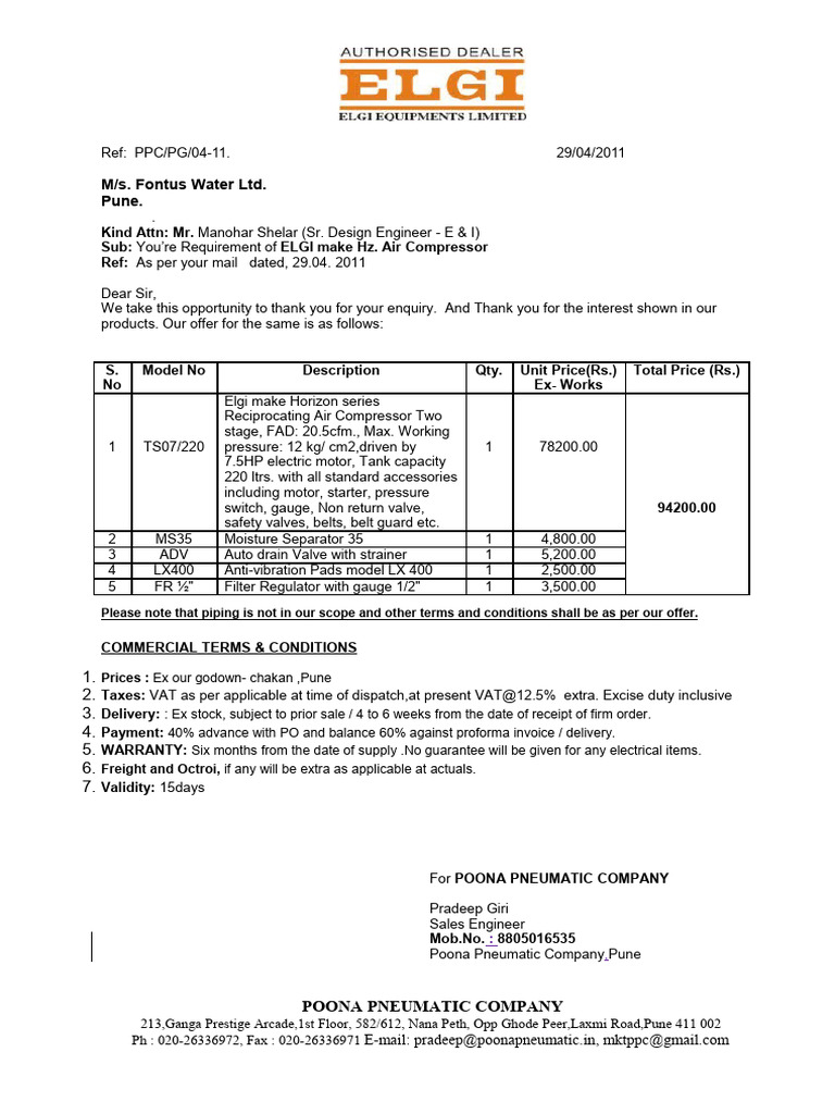 ELGI Air Compressor Quotation for Fontus | PDF | Gases | Mechanical ...