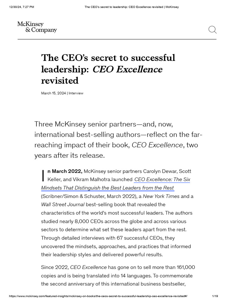 CEO Excellence: Insights from Leaders | PDF | Mc Kinsey & Company ...