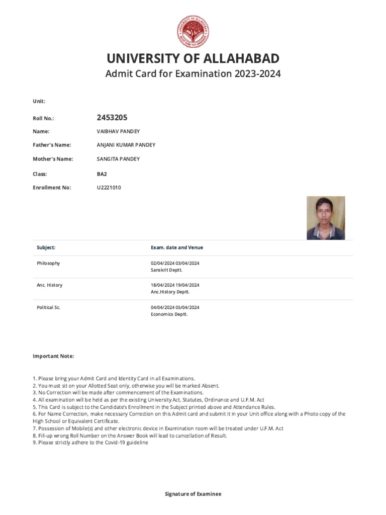 University of Allahabad Admit Card 2023 | PDF