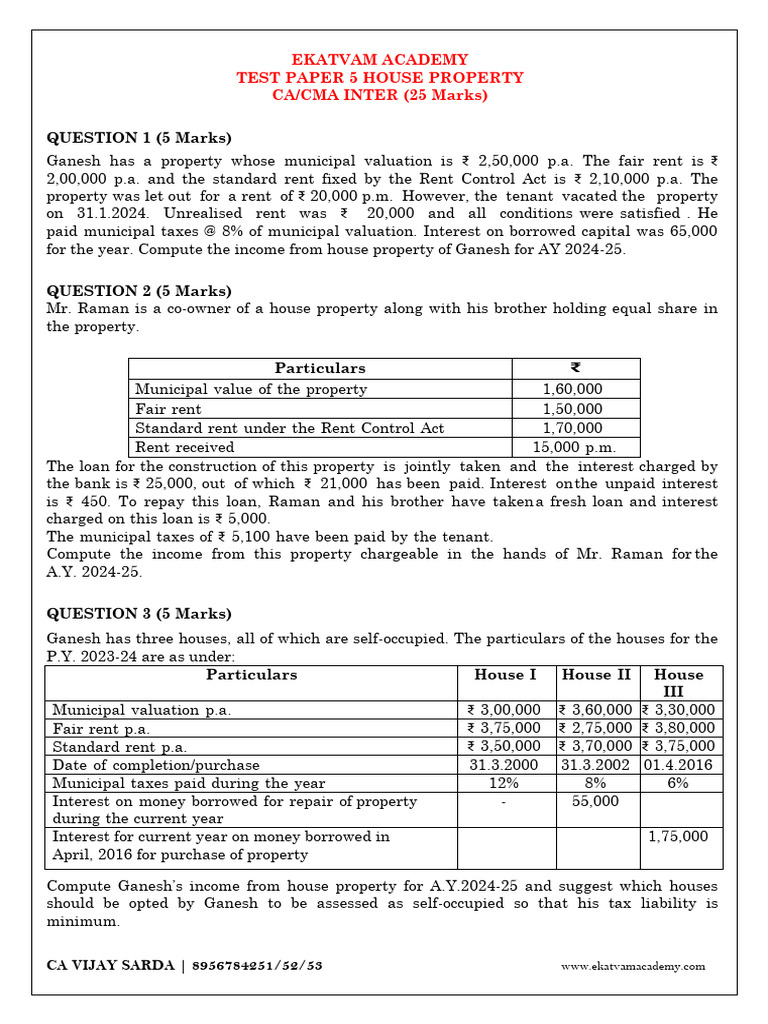 Inter Test Paper 5 - House Property | PDF | Interest | Loans
