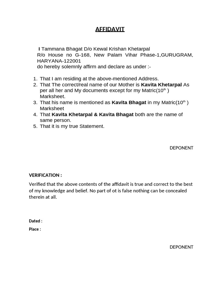 Affidavit Name Correction Father Pdf