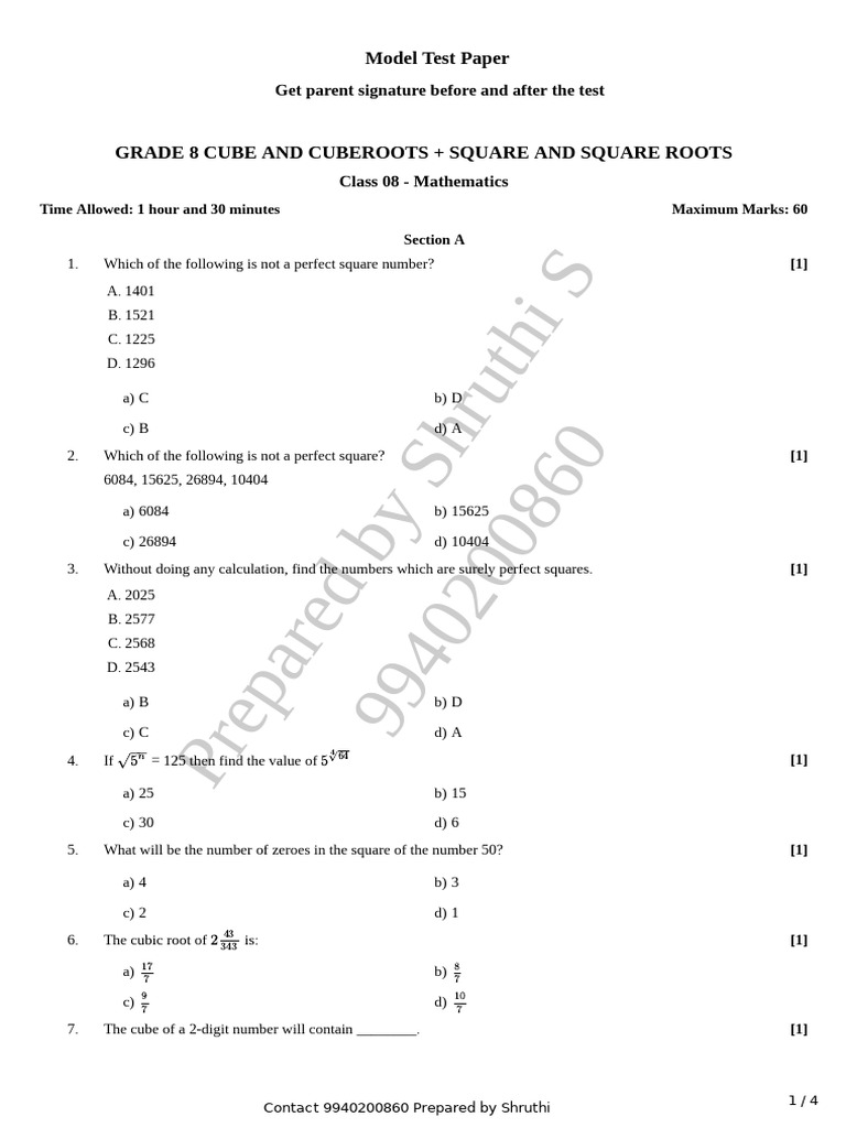 Grade 8 Cube and Cuberoots + Square and Square roots test | PDF ...