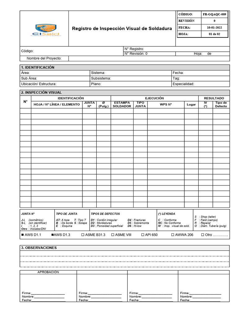 Registro de Inspección Visual de Soldadura | PDF