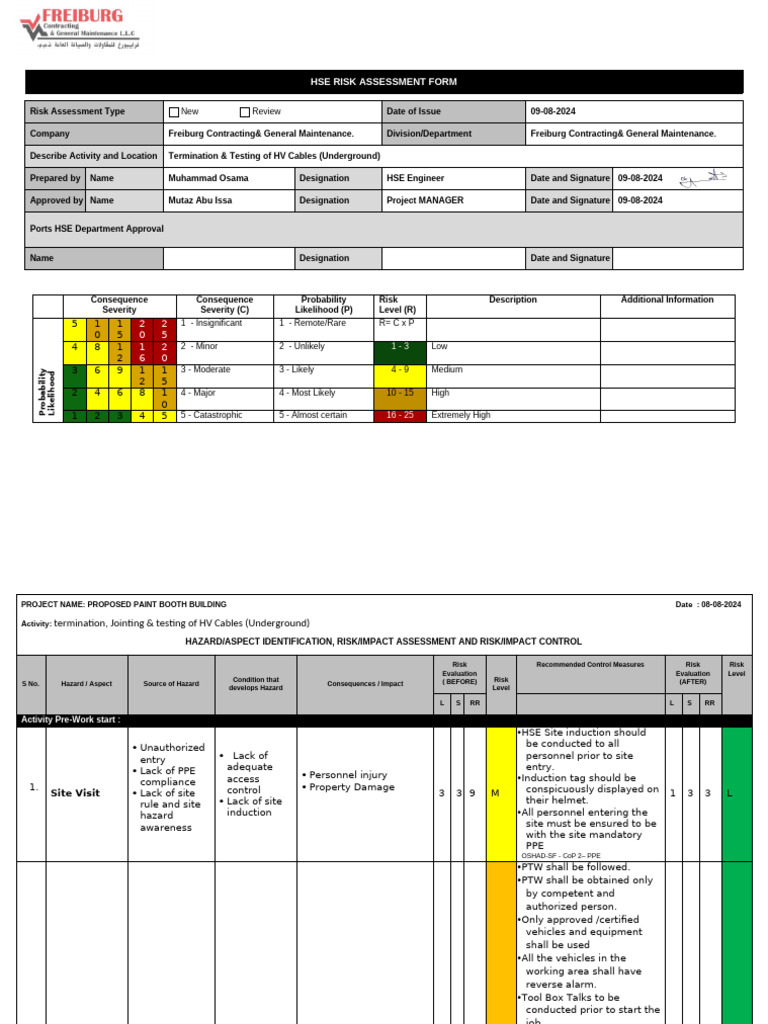 HSE Risk Assessment for HV Cable Work | PDF | Risk | Personal ...