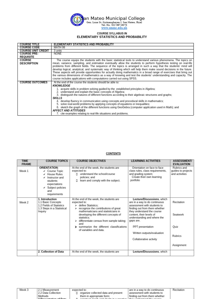 Syllabus in Math 06-Elementary Statistics and Probability - MEMIS | PDF ...