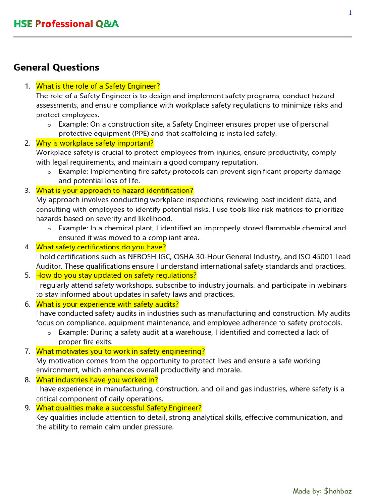 Safety Engineer Interview Insights | PDF | Occupational Safety And ...