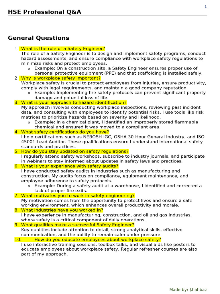 100 Safety Engineer Interview Q&A | PDF | Occupational Safety And ...