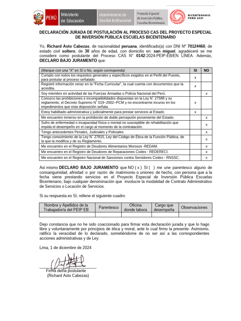 Declaracion Jurada | PDF | Documento de identidad | Gobierno