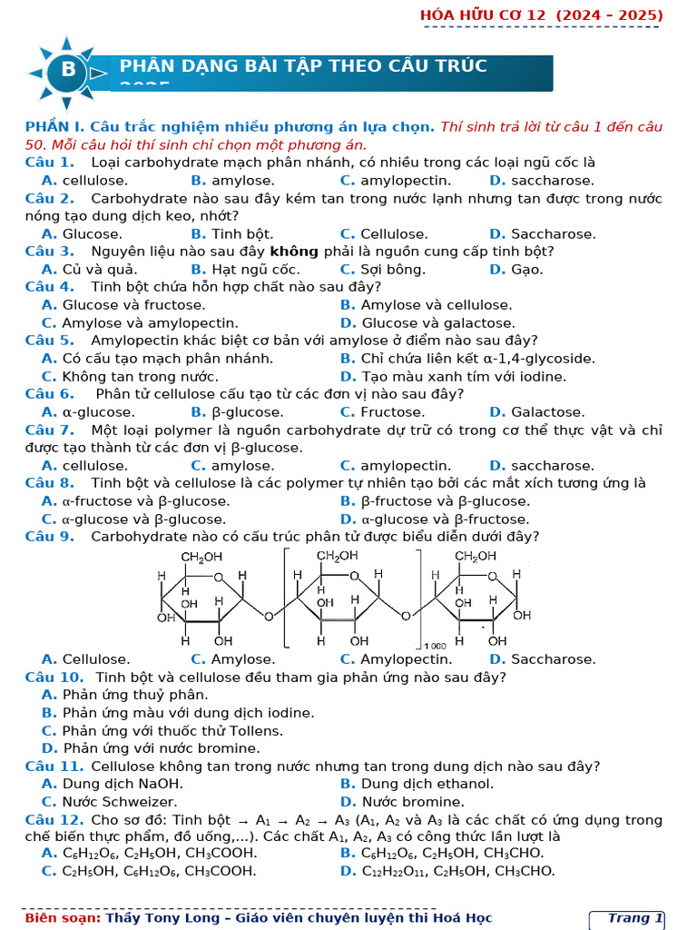 H12.c02.bài 3. Tinh B T - Cellulose - Đáp Án | PDF