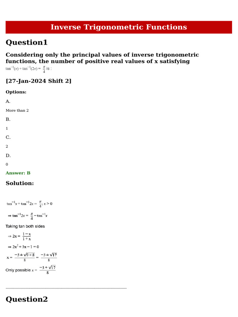 Inverse Trigonometric Functions Quiz | PDF | Trigonometric Functions ...