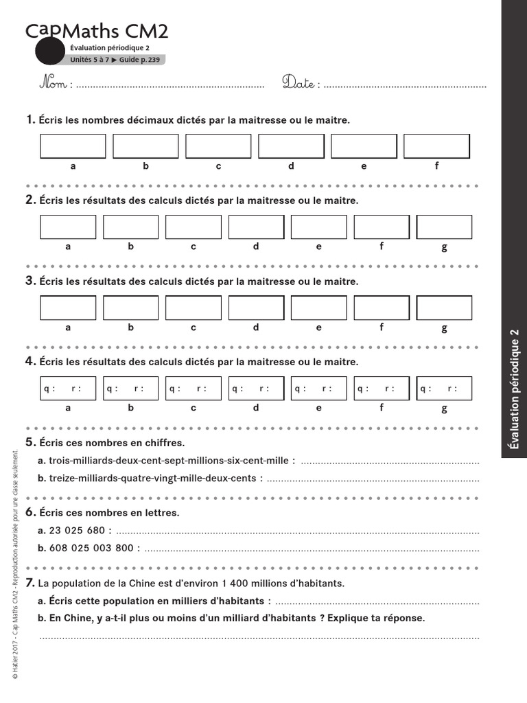 Évaluation Maths CM2 Période 2 | PDF