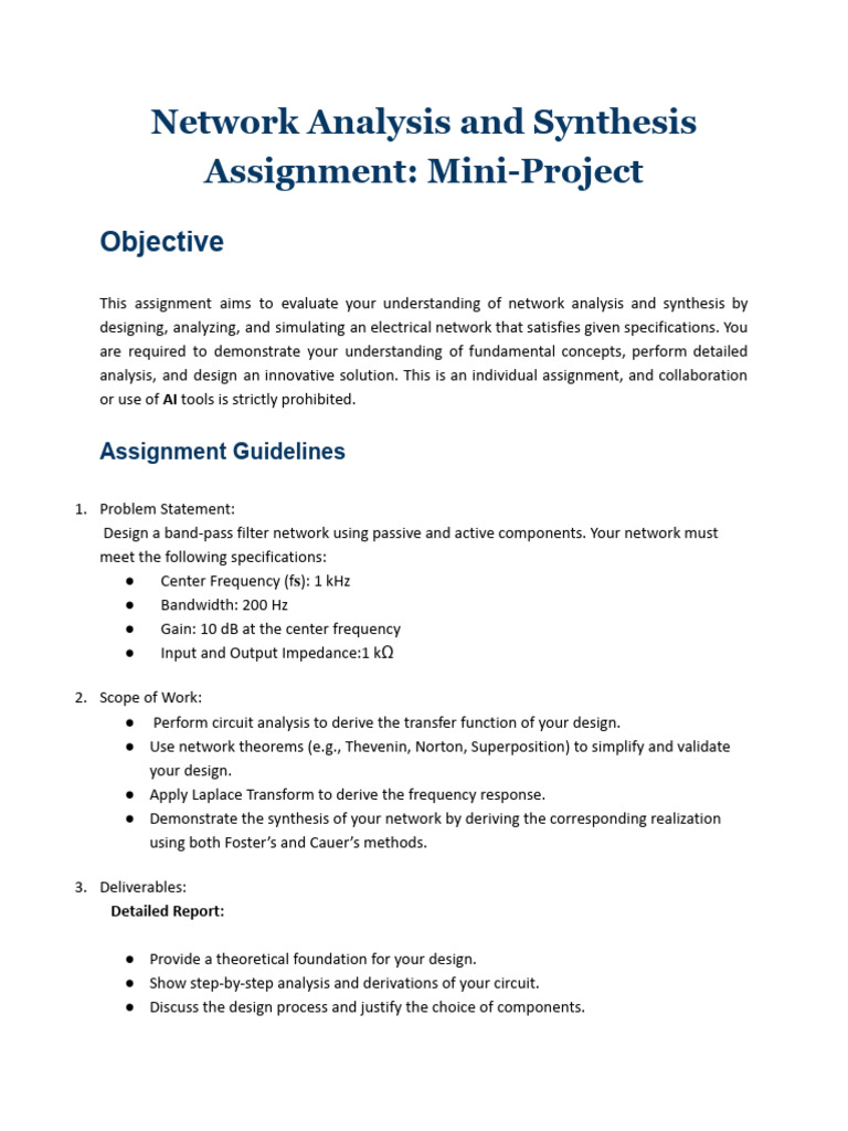 Band-Pass Filter Design Assignment | PDF | Network Analysis (Electrical ...