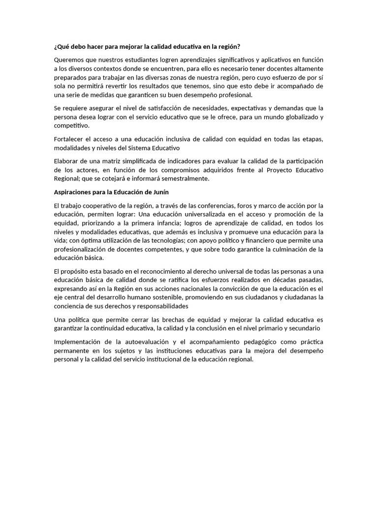 Qué Debo Hacer para Mejorar La Calidad Educativa en La Región | PDF ...
