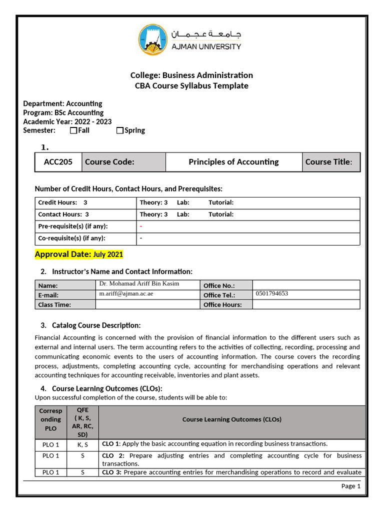 Principles Of Accounting Syllabus Pdf