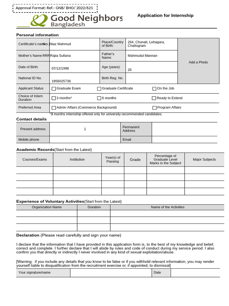 Internship application format pdf