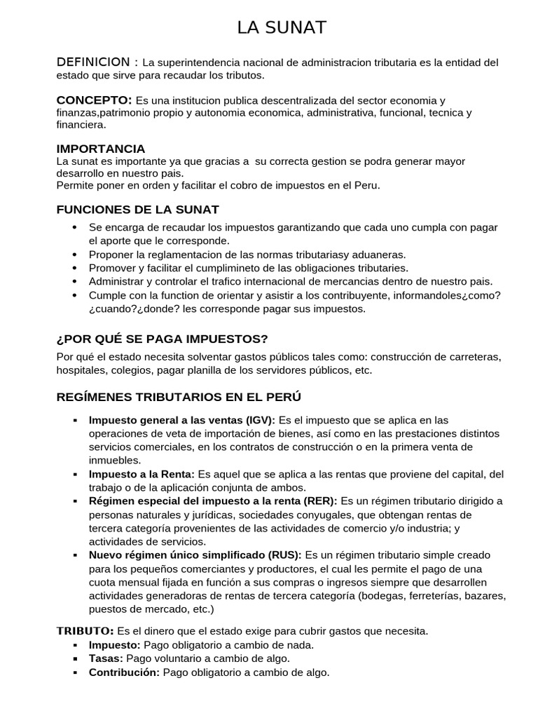 Funciones y Régimen de la SUNAT en Perú | PDF | Impuestos | Economias