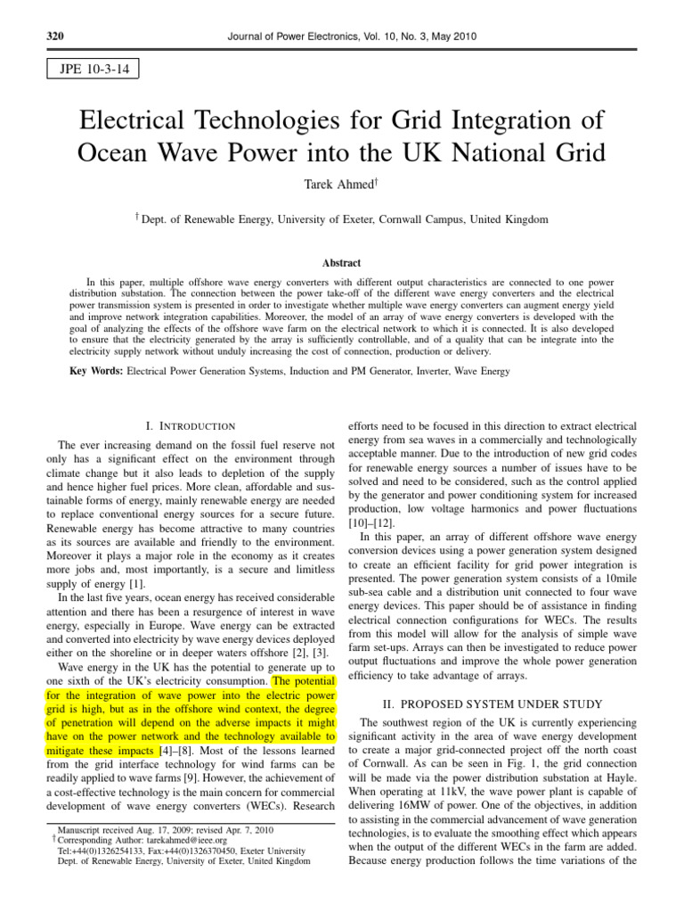 2010 Electrical Technologies For Grid Integration of Ocean Wave Power ...