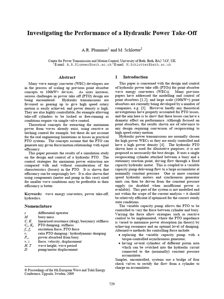 2009 Investigating The Performance of A Hydraulic Power Take-Off | PDF ...