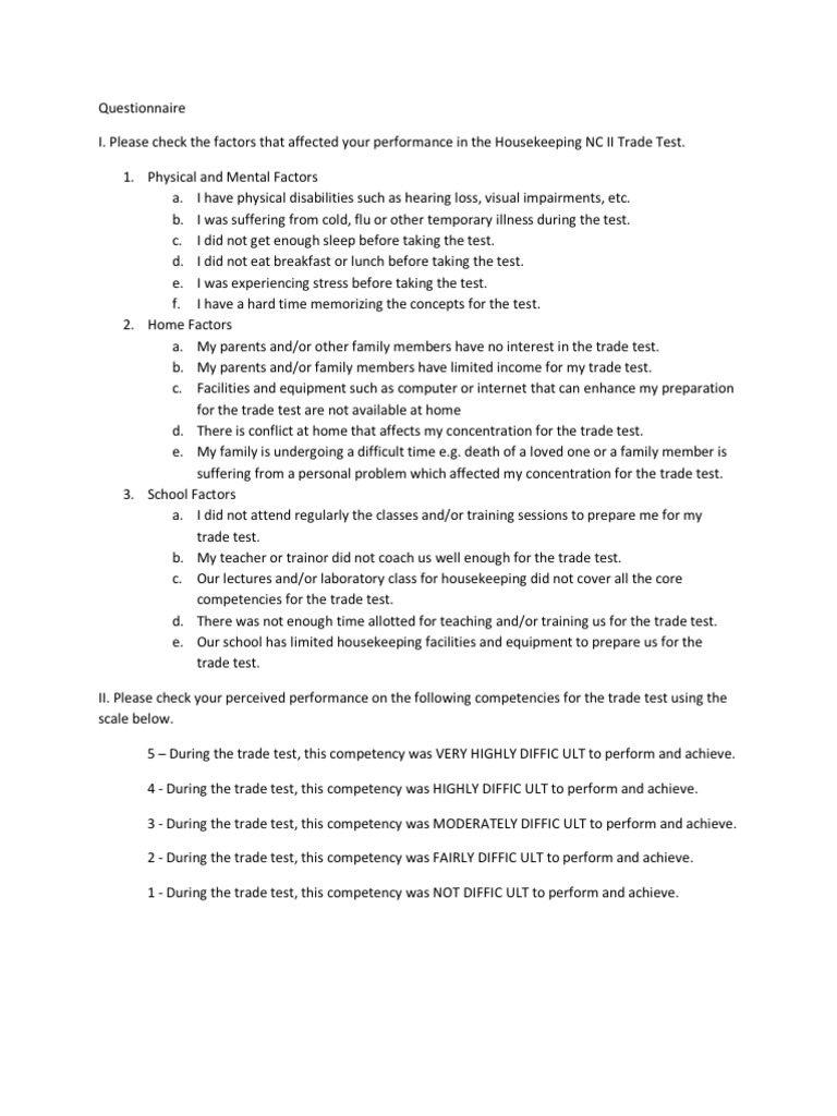 Questionnaire Housekeeping Safety Laundry