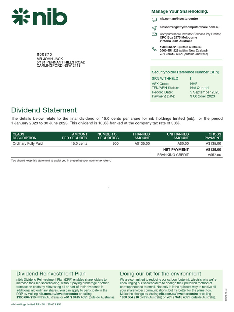 nib Holdings Final Dividend Statement 2023 | PDF | Dividend | Investing