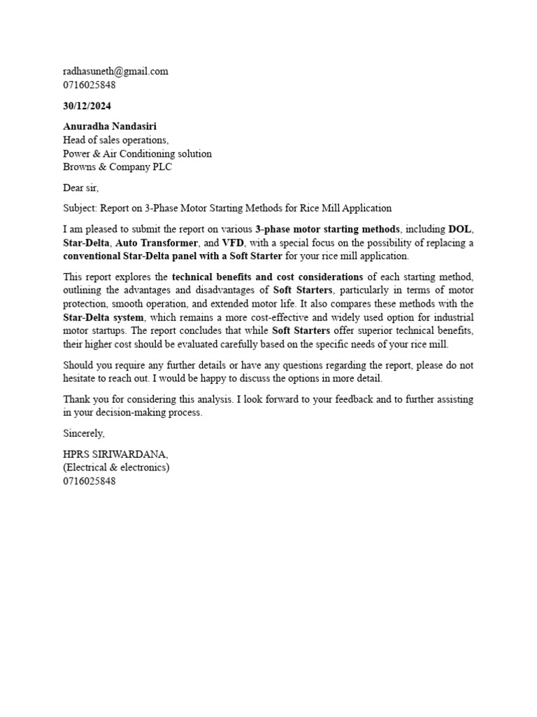 Rice Mill Soft Starting Letter | PDF | Electric Motor | Electric Power