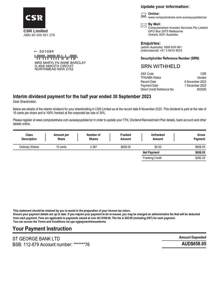 CSR Payment Advice 2023 12 07 | PDF | Dividend | Payments