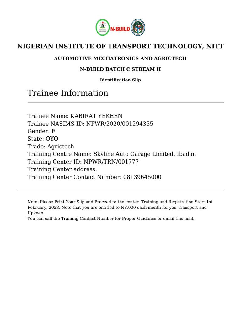 NITT Trainee Identification Slip | PDF