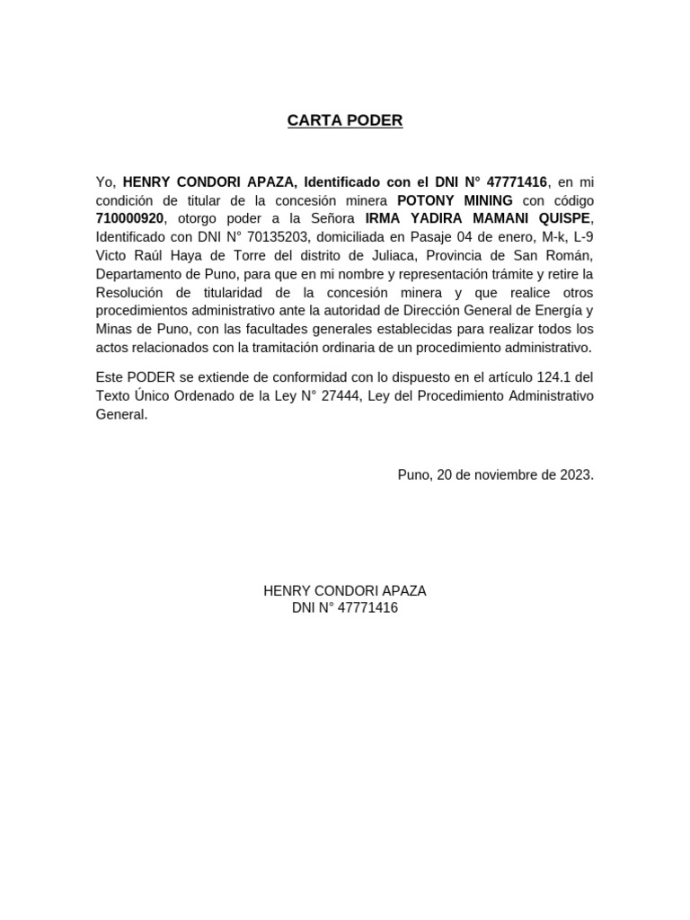 Cómo llenar una carta poder minera | PDF