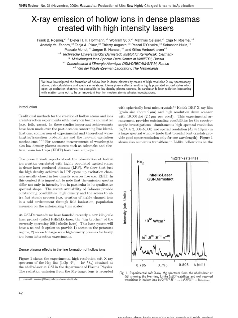 Frank B. Rosmej Et Al XRay Emission of Hollow Ions in Dense Plasmas