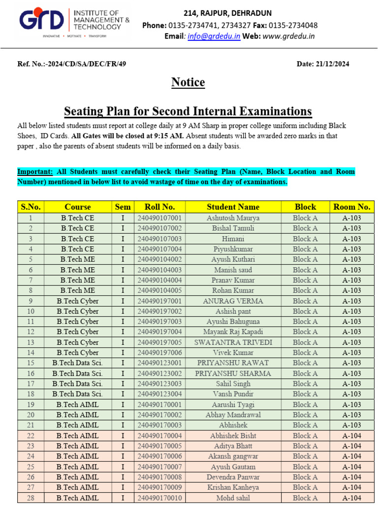 Seating Plan For Second Internal Examinations From 23.12.2024 | PDF