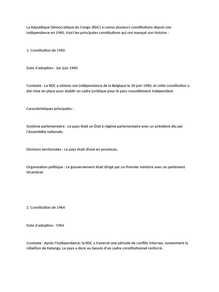 Évolution des constitutions de la RDC | PDF | Constitution | République ...