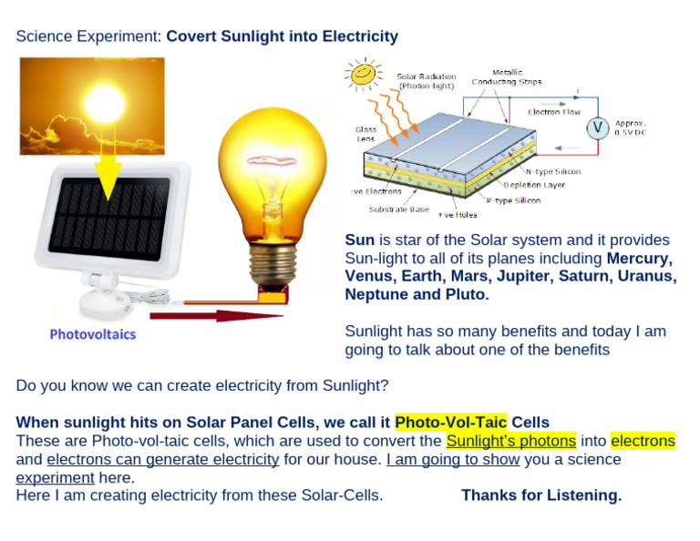 Convert Sunlight to Electricity Experiment | PDF