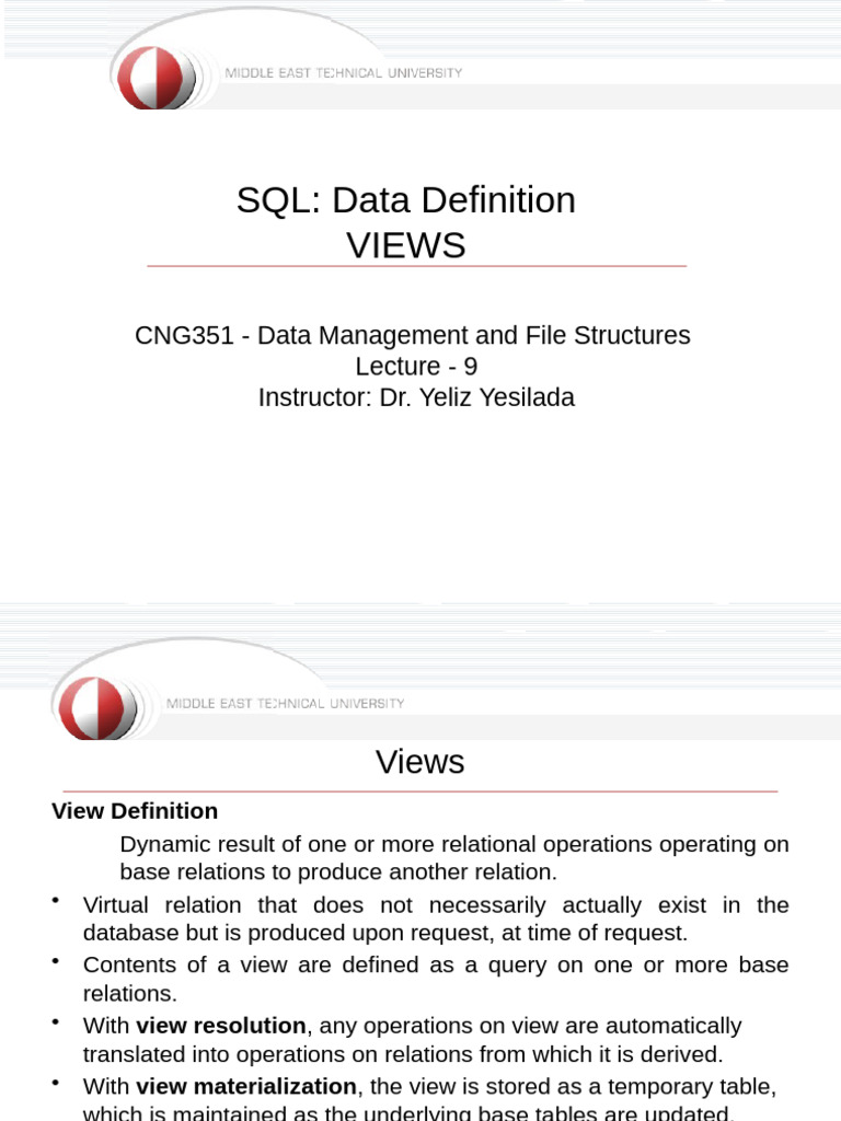 CNG351 Lecture 9 Part3 DDL Views | PDF | Databases | Table (Database)