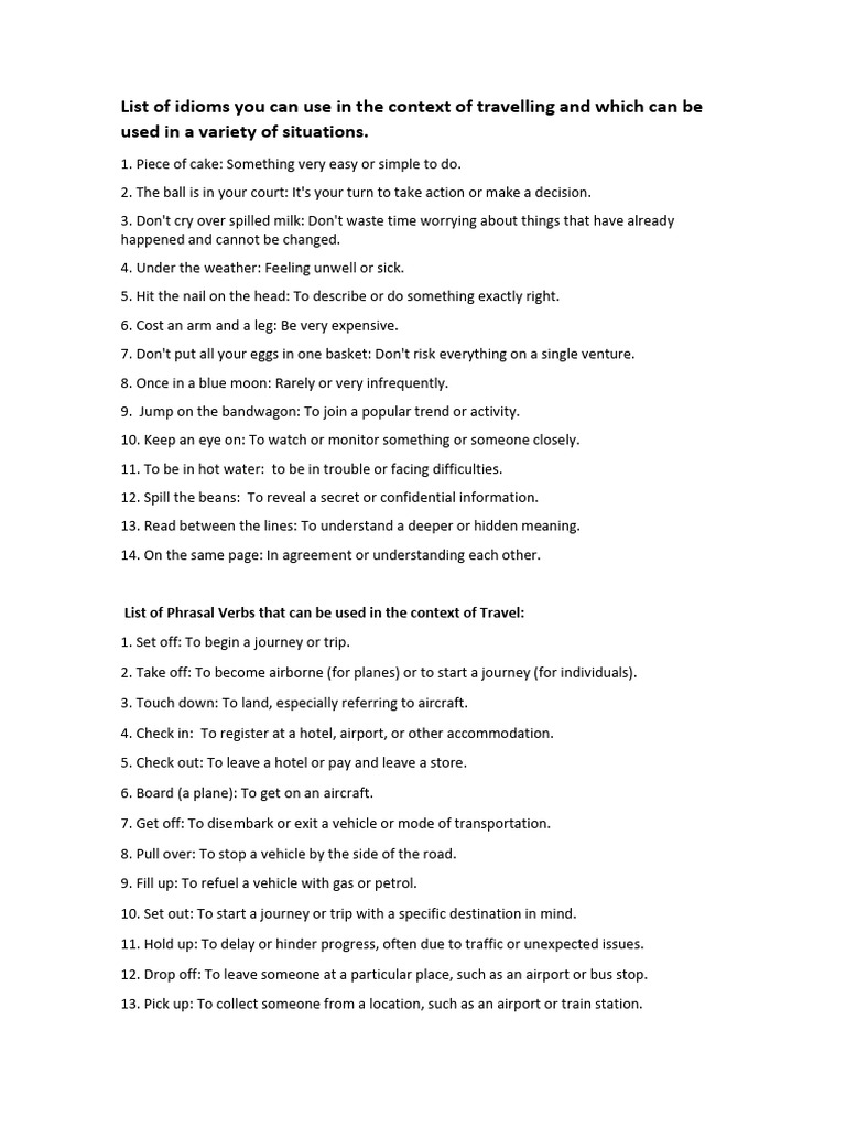 List of Idioms and Phrasal Verbs Related To Travel | PDF | Idiom ...