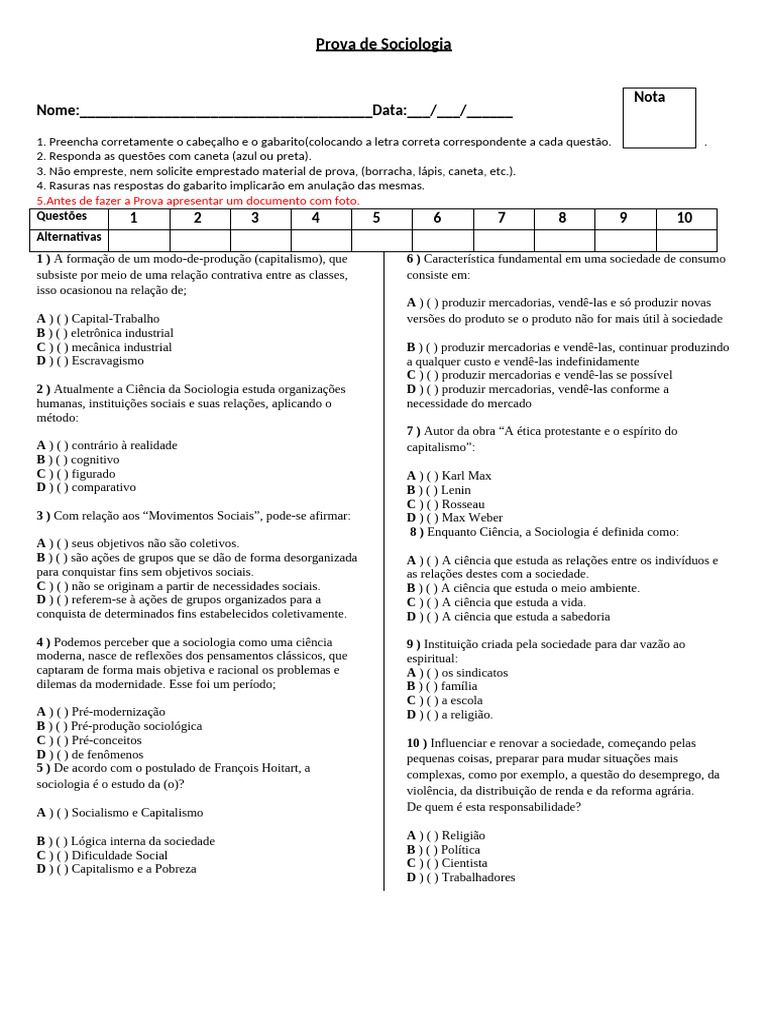 Prova de Sociologia para Ensino Médio | PDF | Sociologia | Sociedade