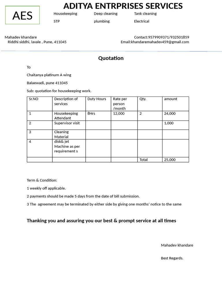 Quotation for Housekeeping Services | PDF