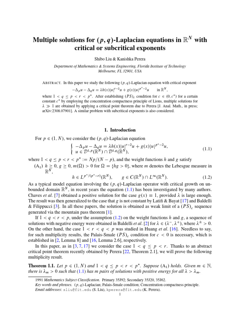 Multiple Solutions for .p; q/-Laplacian Equations | PDF | Measure ...
