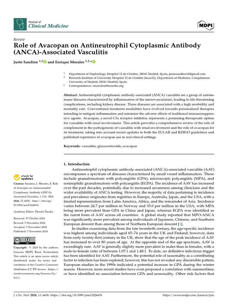 Role of avacopan on antineutrophil cytoplasmic antibody anca