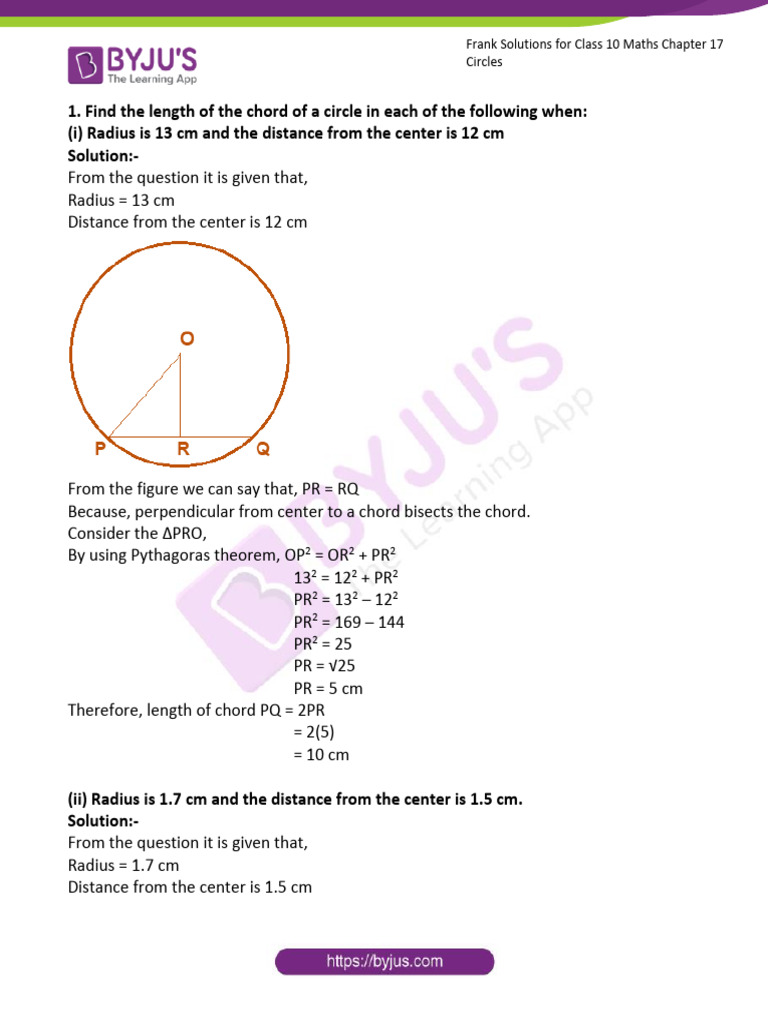 Frank Solutions For Class 10 Maths Chapter 17 Circles | PDF | Circle ...