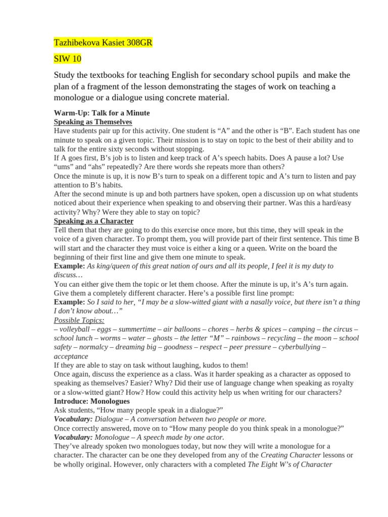 Lesson Plan for Teaching Monologues | PDF | Monologue