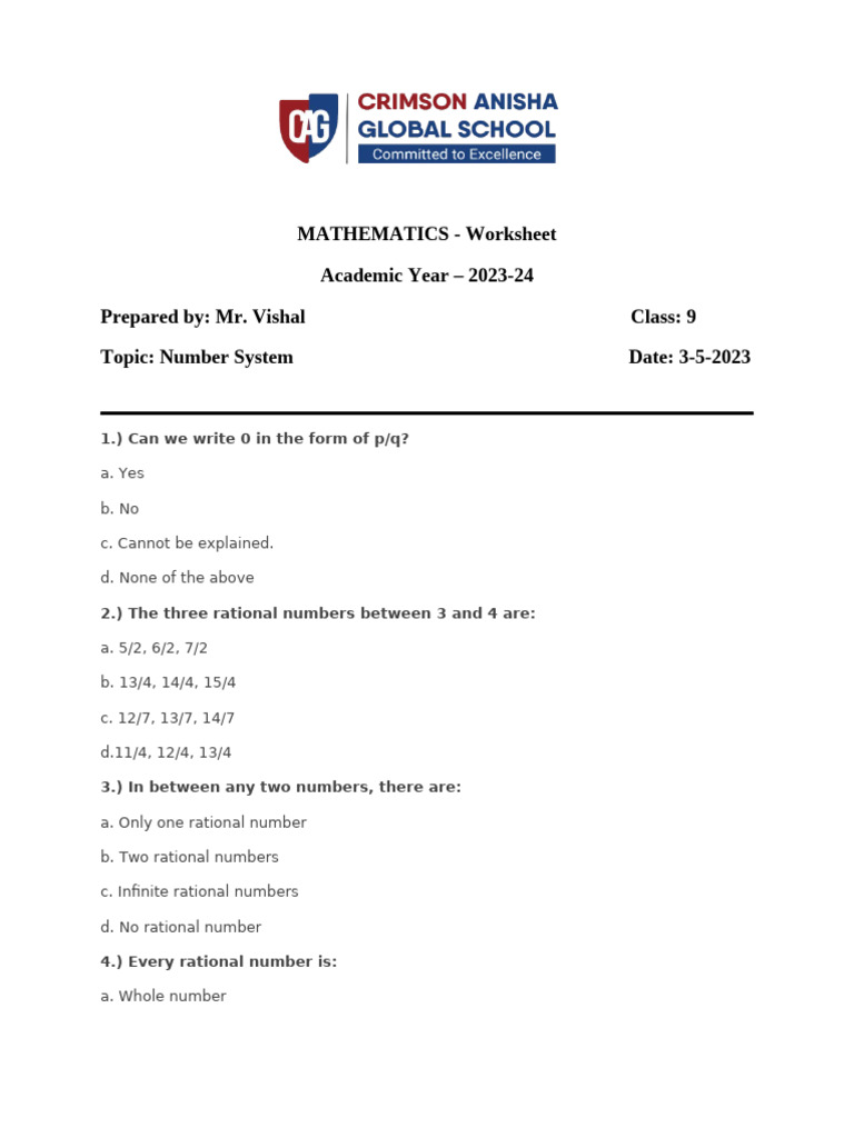 MATHEMATICS - Worksheet Academic Year - 2023-24 Prepared By: Mr. Vishal ...