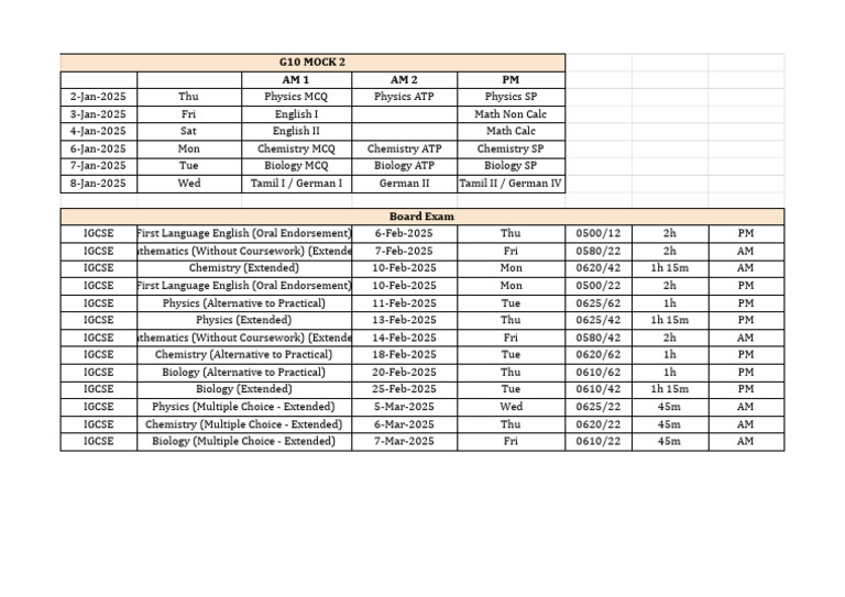 G10 IGCSE Exam Schedule 2025 | PDF